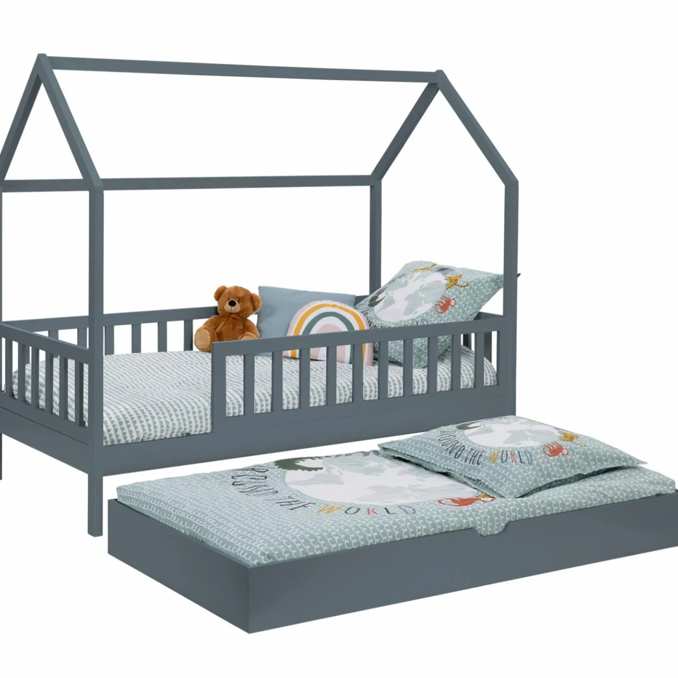 IDMarket Lit cabane avec tiroir et barrières gris 80x160 cm*Enfant Meubles Tiroirs|Collection Scandinave