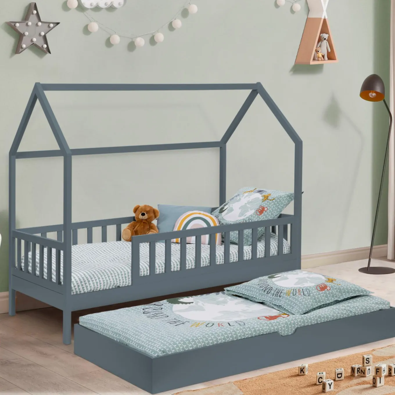 IDMarket Lit cabane avec tiroir et barrières gris 80x160 cm*Enfant Meubles Tiroirs|Collection Scandinave