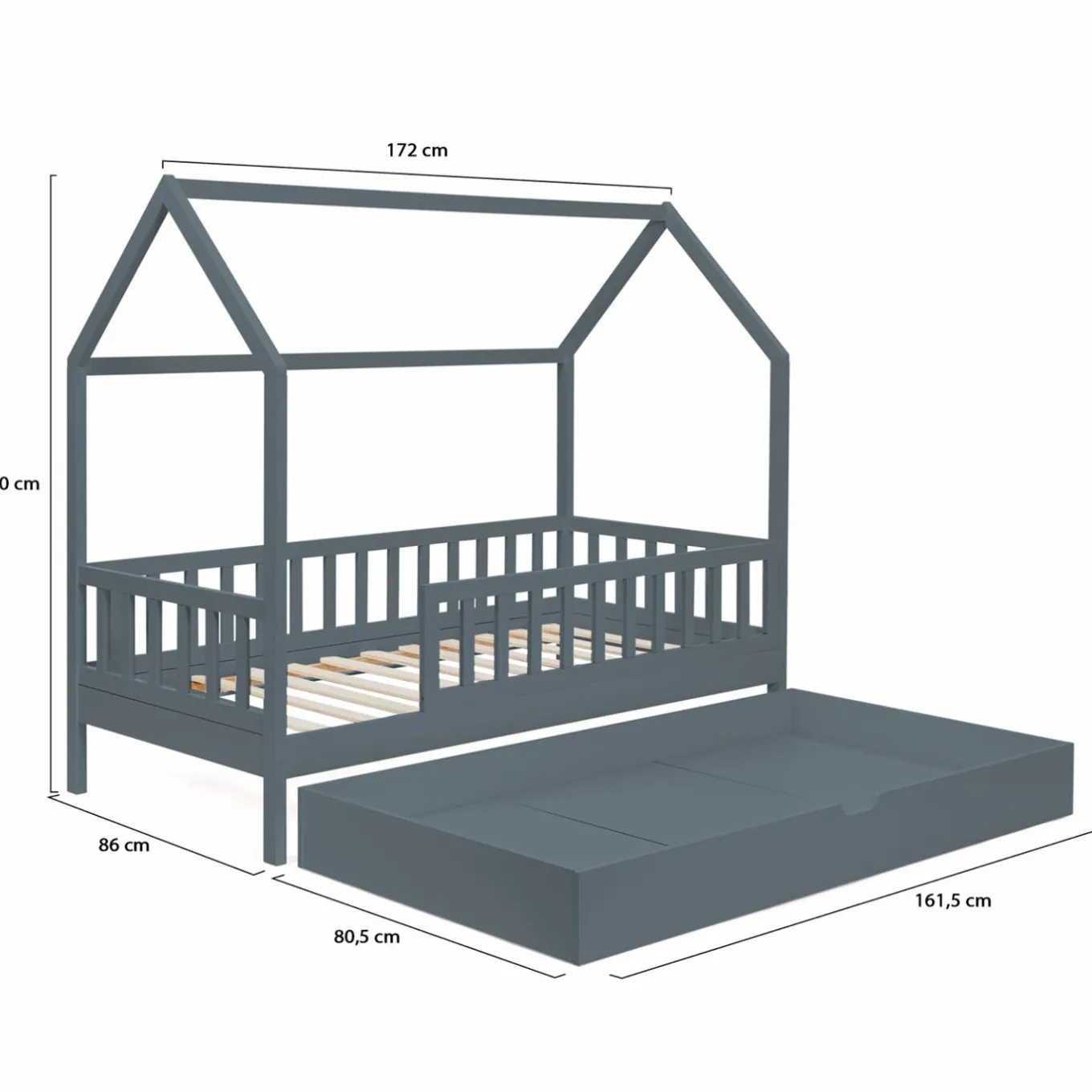 IDMarket Lit cabane avec tiroir et barrières gris 80x160 cm*Enfant Meubles Tiroirs|Collection Scandinave