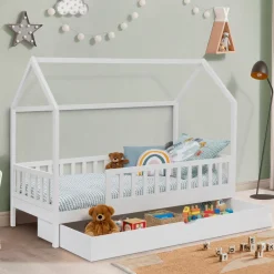 IDMarket Lit cabane avec tiroir et barrières blanc 80x160 cm*Enfant Meubles Tiroirs|Meubles Blancs