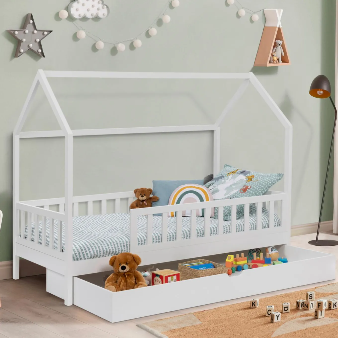 IDMarket Lit cabane avec tiroir et barrières blanc 80x160 cm*Enfant Meubles Tiroirs|Meubles Blancs