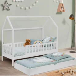 IDMarket Lit cabane avec tiroir et barrières blanc 80x160 cm*Enfant Meubles Tiroirs|Meubles Blancs