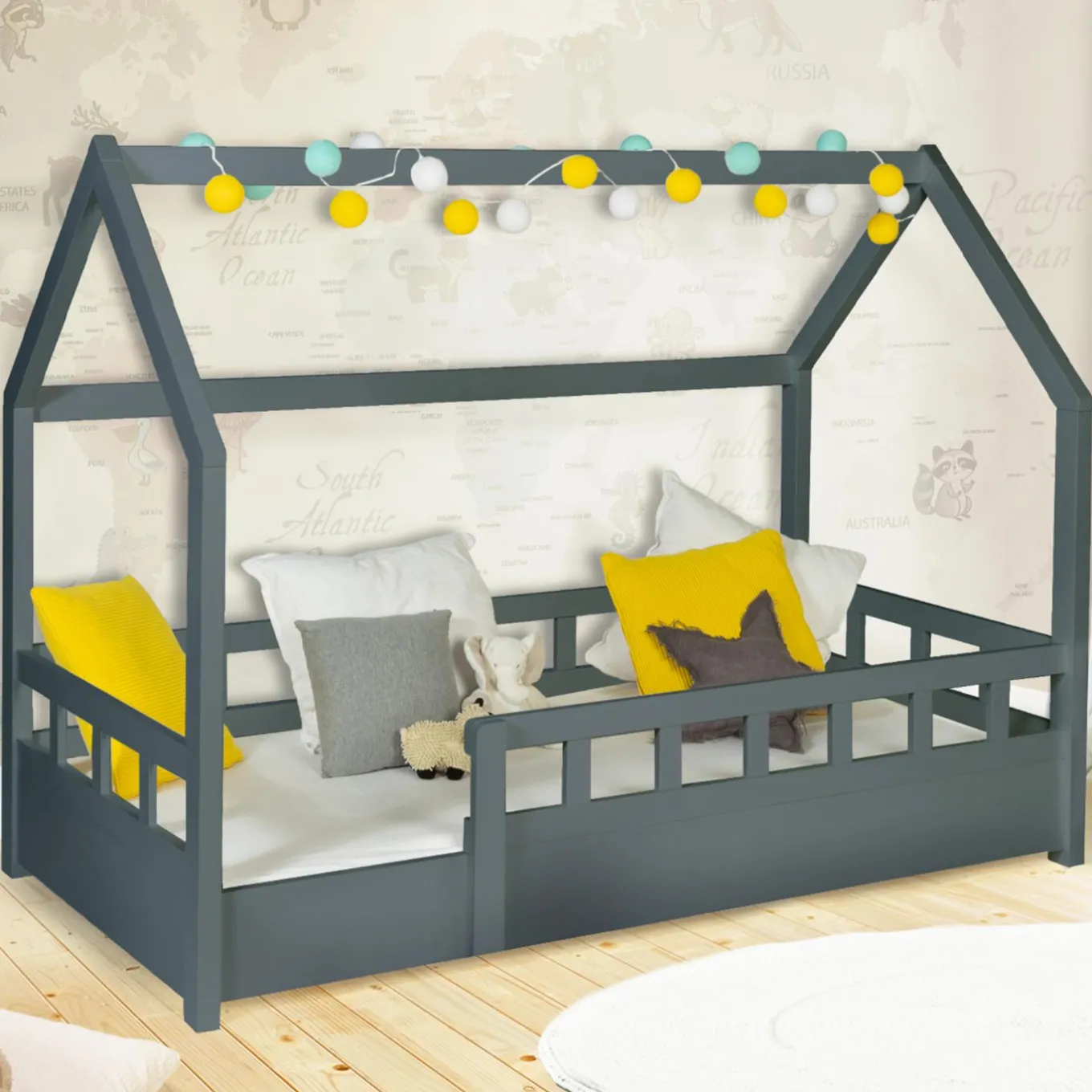 IDMarket Lit cabane gris*Enfant Collection Scandinave|Lits Enfant