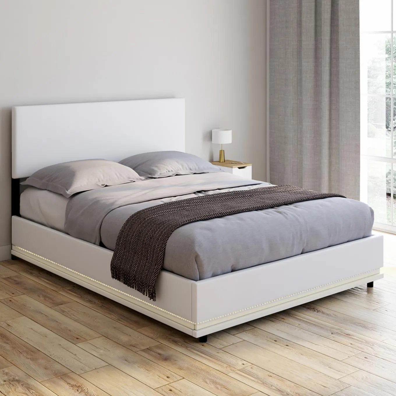 IDMarket Lit coffre 2 places 140x190 en PVC blanc avec sommier et LED* Collection Moderne|Lits Avec Sommier