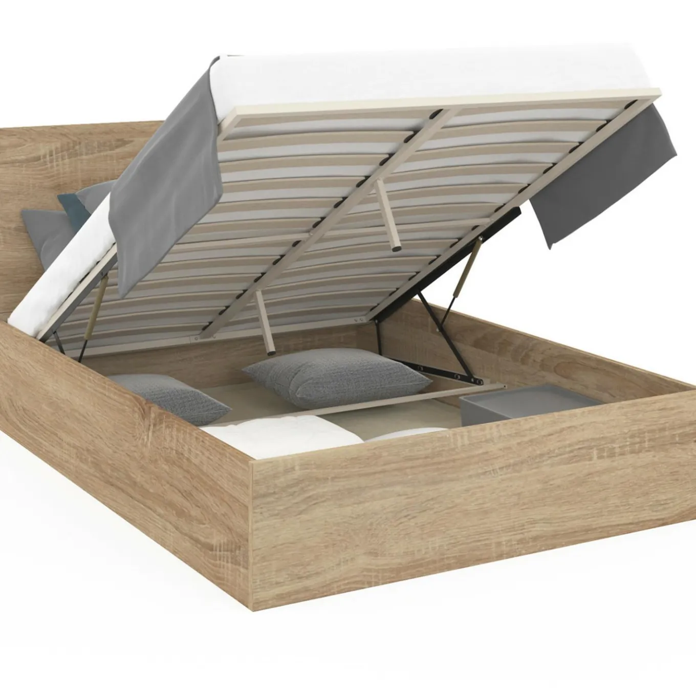 IDMarket Lit coffre deux personnes façon hêtre 160 x 200 cm* Collection Contemporaine|Chambre Complète Adulte