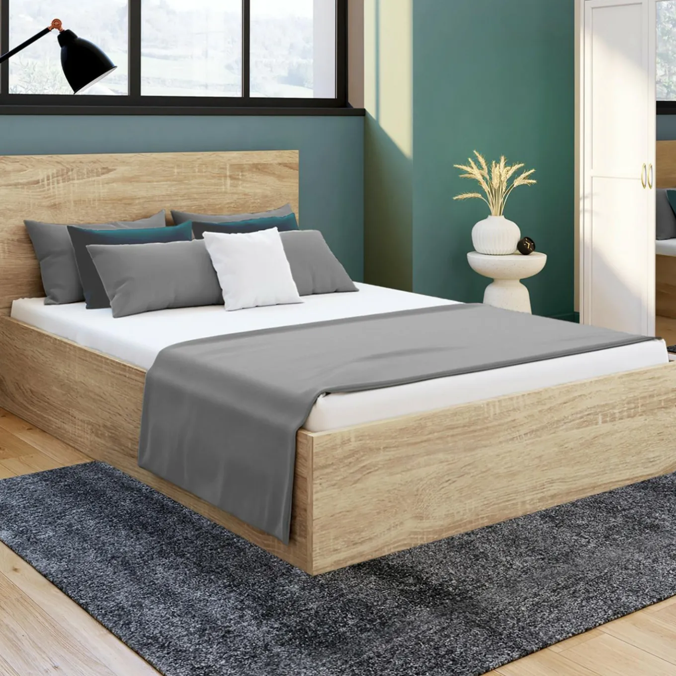 IDMarket Lit coffre deux personnes façon hêtre 160 x 200 cm* Collection Contemporaine|Chambre Complète Adulte