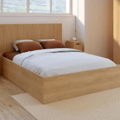 IDMarket Lit coffre double 140 x 190 cm avec tête de lit et sommier effet lattes et bois* Collection Contemporaine|Lits Avec Sommier