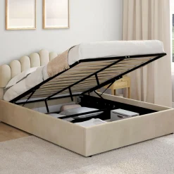 IDMarket Lit coffre double avec tête de lit et sommier 140 x 190 cm velours beige* Lits Avec Sommier|Collection Moderne