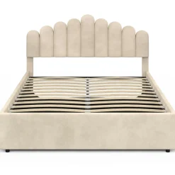 IDMarket Lit coffre double avec tête de lit et sommier 140 x 190 cm velours beige* Lits Avec Sommier|Collection Moderne