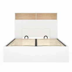 IDMarket Lit coffre double avec tête de lit, rangements et sommier blanc et bois* Lits Avec Sommier