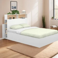 IDMarket Lit coffre double avec tête de lit, rangements et sommier blanc et bois* Lits Avec Sommier