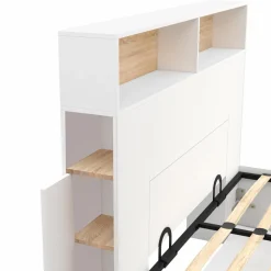 IDMarket Lit coffre double avec tête de lit, rangements et sommier blanc et bois* Lits Avec Sommier