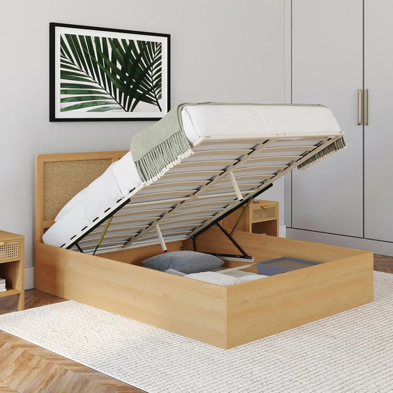 IDMarket Lit coffre double avec tête de lit cannage* Collection Cannage|Lits Avec Sommier