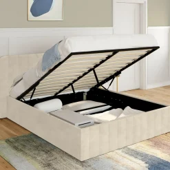 IDMarket Lit coffre double avec tête de lit en velours beige 160x200 cm* Lits Avec Sommier|Chambre Complète Adulte