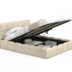 IDMarket Lit coffre double avec tête de lit matelassée et sommier de 140 x 190 cm en velours beige* Lits Avec Sommier|Collection Moderne