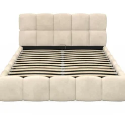 IDMarket Lit coffre double avec tête de lit matelassée et sommier de 140 x 190 cm en velours beige* Lits Avec Sommier|Collection Moderne
