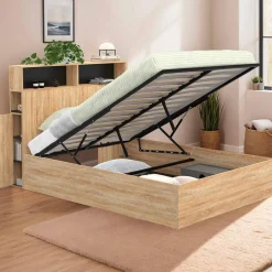 IDMarket Lit coffre double 140x190 cm avec tête de lit façon hêtre et noir* Collection Contemporaine|Lits Avec Sommier