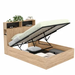 IDMarket Lit coffre double 140x190 cm avec tête de lit façon hêtre et noir* Collection Contemporaine|Lits Avec Sommier
