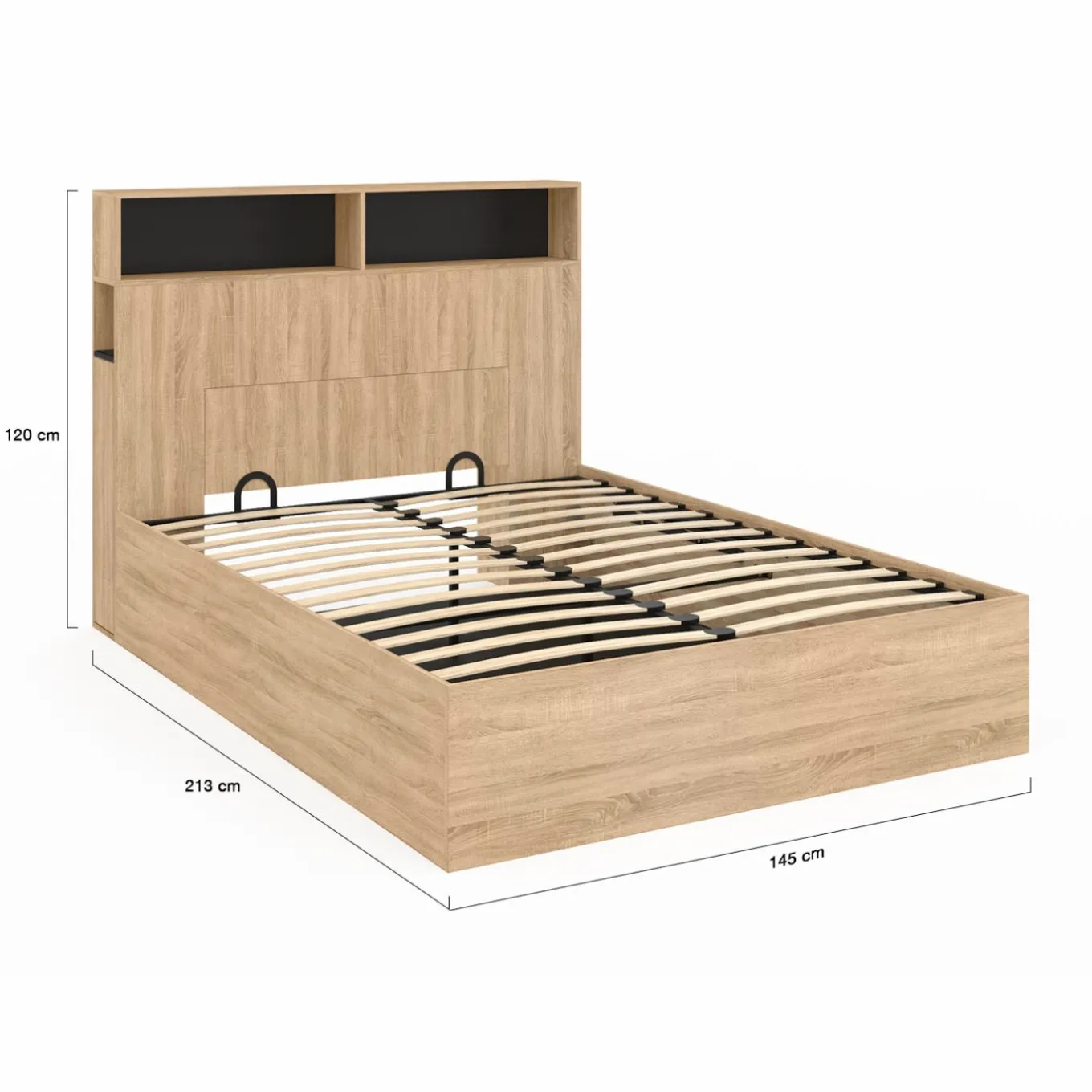 IDMarket Lit coffre double 140x190 cm avec tête de lit façon hêtre et noir* Collection Contemporaine|Lits Avec Sommier