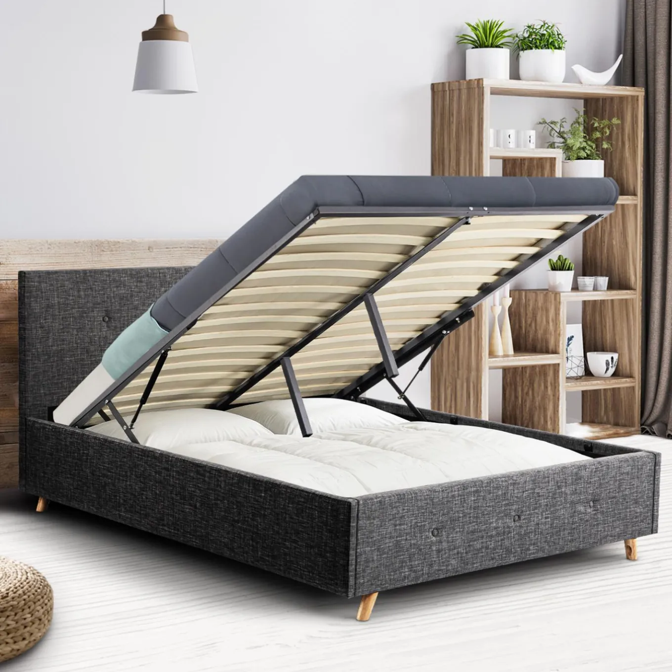 IDMarket Lit coffre scandinave gris 2 places* Collection Scandinave|Chambre Complète Adulte