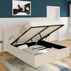 IDMarket Lit coffre velours beige 140x190 avec sommier et tête de lit* Collection Contemporaine|Lits Avec Sommier