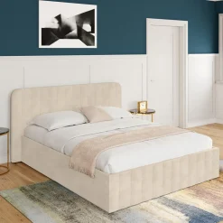 IDMarket Lit coffre velours beige 140x190 avec sommier et tête de lit* Collection Contemporaine|Lits Avec Sommier