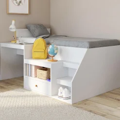 IDMarket Lit combiné 90x190 cm avec bureau et rangements bois blanc* Meubles Blancs|Lits Avec Sommier