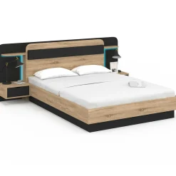 IDMarket Lit double 140 x 190 cm avec tête de lit, chevets suspendus, étagère, LED et sommier bois et noir* Chambre Complète Adulte|Lits Avec Sommier