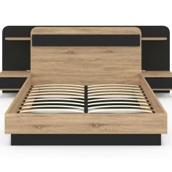 IDMarket Lit double 140 x 190 cm avec tête de lit, chevets suspendus, étagère, LED et sommier bois et noir* Chambre Complète Adulte|Lits Avec Sommier