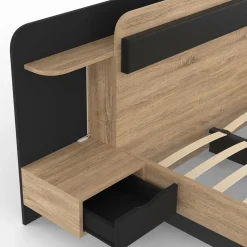 IDMarket Lit double 140 x 190 cm avec tête de lit, chevets suspendus, étagère, LED et sommier bois et noir* Chambre Complète Adulte|Lits Avec Sommier