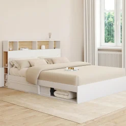IDMarket Lit double avec rangements + tête de lit et sommier 160 x 200 cm blanc et hêtre* Chambre Complète Adulte|Lits Avec Sommier