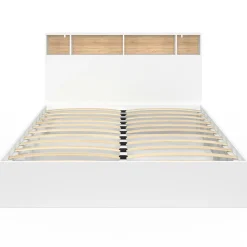 IDMarket Lit double avec rangements + tête de lit et sommier 160 x 200 cm blanc et hêtre* Chambre Complète Adulte|Lits Avec Sommier