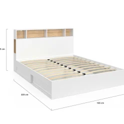 IDMarket Lit double avec rangements + tête de lit et sommier 160 x 200 cm blanc et hêtre* Chambre Complète Adulte|Lits Avec Sommier