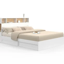 IDMarket Lit double avec rangements + tête de lit et sommier 160 x 200 cm blanc et hêtre* Chambre Complète Adulte|Lits Avec Sommier