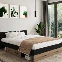 IDMarket Lit double avec rangement 140x190 cm avec tête de lit hêtre et noir* Meubles Tiroirs|Chambre Complète Adulte