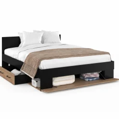 IDMarket Lit double avec rangement 140x190 cm avec tête de lit hêtre et noir* Meubles Tiroirs|Chambre Complète Adulte