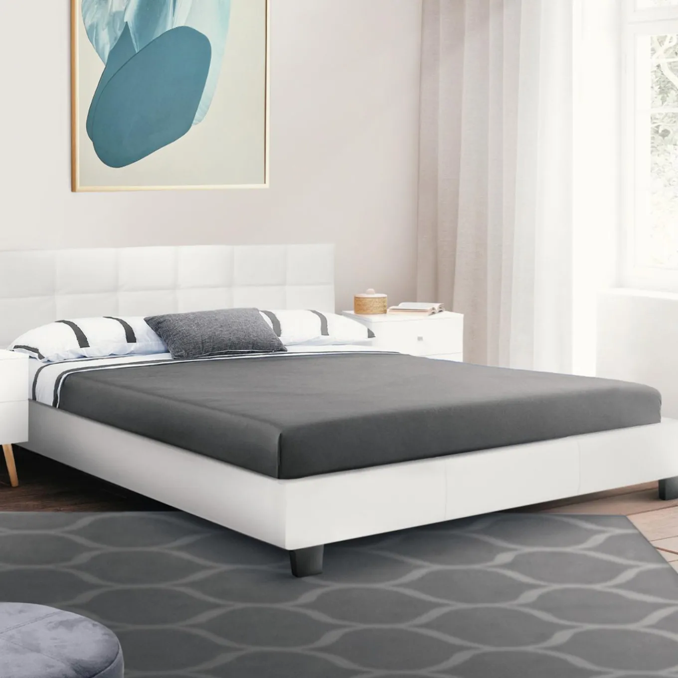 IDMarket Lit double avec sommier PVC blanc 160x200cm* Collection Contemporaine|Chambre Complète Adulte