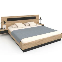 IDMarket Lit double avec tête de lit et tables de chevet intégrées et sommier 180 x 200 cm bois et noir* Lits Avec Sommier|Collection Moderne