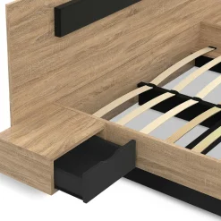 IDMarket Lit double avec tête de lit et tables de chevet intégrées et sommier 180 x 200 cm bois et noir* Lits Avec Sommier|Collection Moderne