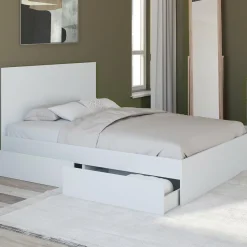 IDMarket Lit double blanc 4 tiroirs sur roulettes avec tête de lit* Meubles Tiroirs|Meubles Blancs