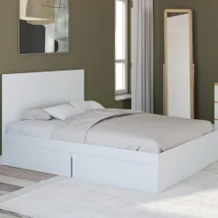 IDMarket Lit double blanc 4 tiroirs sur roulettes avec tête de lit* Meubles Tiroirs|Meubles Blancs