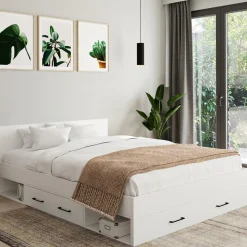 IDMarket Lit double blanc 140x190cm avec tête de lit et rangements* Meubles Tiroirs|Chambre Complète Adulte