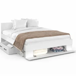 IDMarket Lit double blanc 140x190cm avec tête de lit et rangements* Meubles Tiroirs|Chambre Complète Adulte