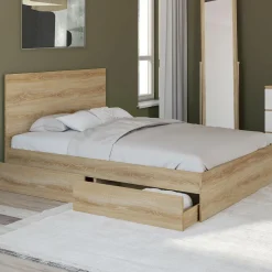 IDMarket Lit double façon hêtre 4 tiroirs sur roulettes avec tête de lit* Meubles Tiroirs|Meubles En Bois