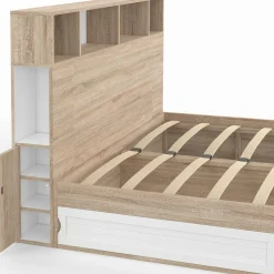 IDMarket Lit double hêtre et blanc avec rangements + tête de lit et sommier 140x190 cm* Collection Moderne|Chambre Complète Adulte
