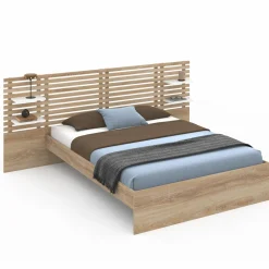 IDMarket Lit double hêtre et blanc avec tête de lit et étagères* Meubles En Bois|Collection Contemporaine