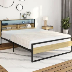 IDMarket Lit double LED intégrés dans la tête de lit et sommier 140x190 cm effet bois et métal noir style industriel* Chambre Complète Adulte|Lits Avec Sommier