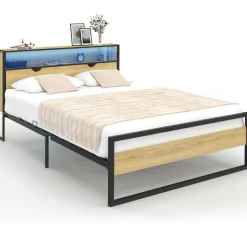 IDMarket Lit double LED intégrés dans la tête de lit et sommier 140x190 cm effet bois et métal noir style industriel* Chambre Complète Adulte|Lits Avec Sommier