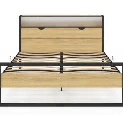 IDMarket Lit double LED intégrés dans la tête de lit et sommier 140x190 cm effet bois et métal noir style industriel* Chambre Complète Adulte|Lits Avec Sommier