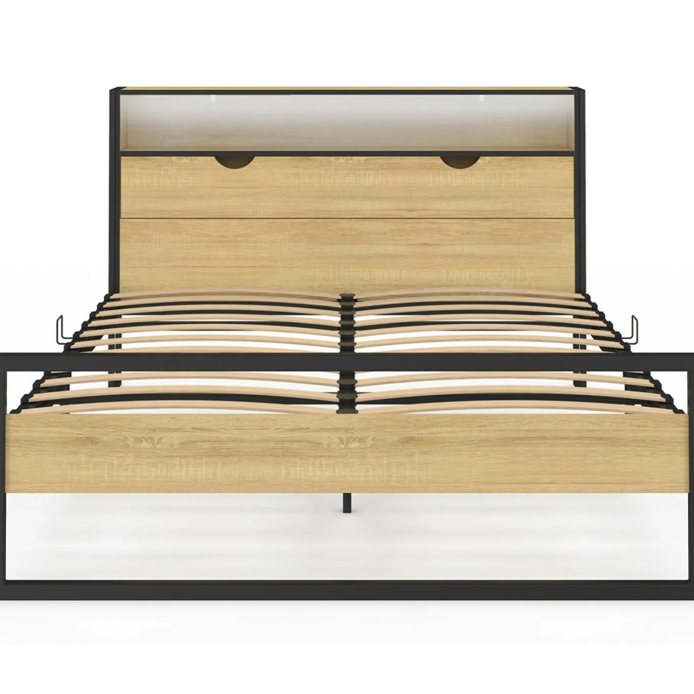 IDMarket Lit double LED intégrés dans la tête de lit et sommier 140x190 cm effet bois et métal noir style industriel* Chambre Complète Adulte|Lits Avec Sommier